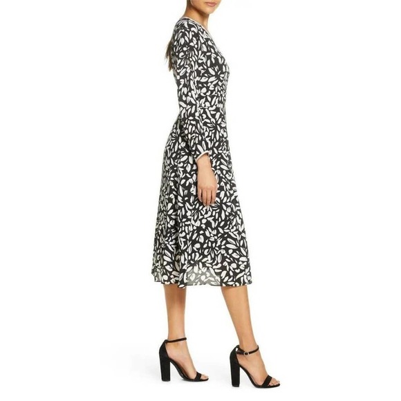 NWOT Eliza J True Wrap Petal Print Dress Black White Cinched 3/4 Sleeve … - Picture 7 of 16